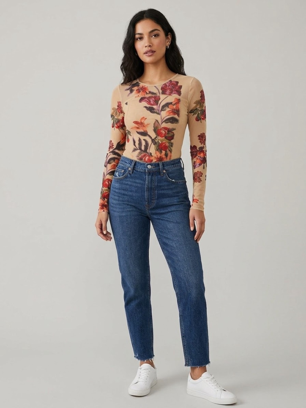 Free People Betty's Garden Mesh Floral Long Sleeve Top Semi Sheer Seamed
